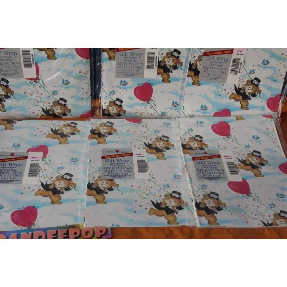 American Greetings Dancing Tuxedo Teddy Bear Hearts Pattern Gift Wrap 6 Packs